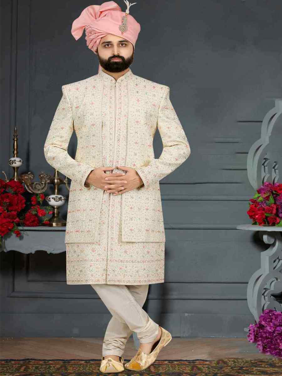 Cream Banarasi Jacquard Woven Groom Wedding Sherwani