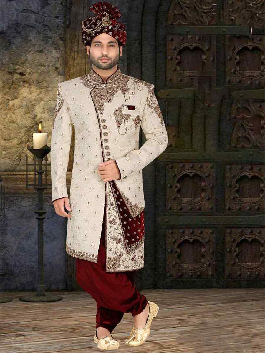 Cream Banarasi Jacquard Woven Groom Wedding Sherwani