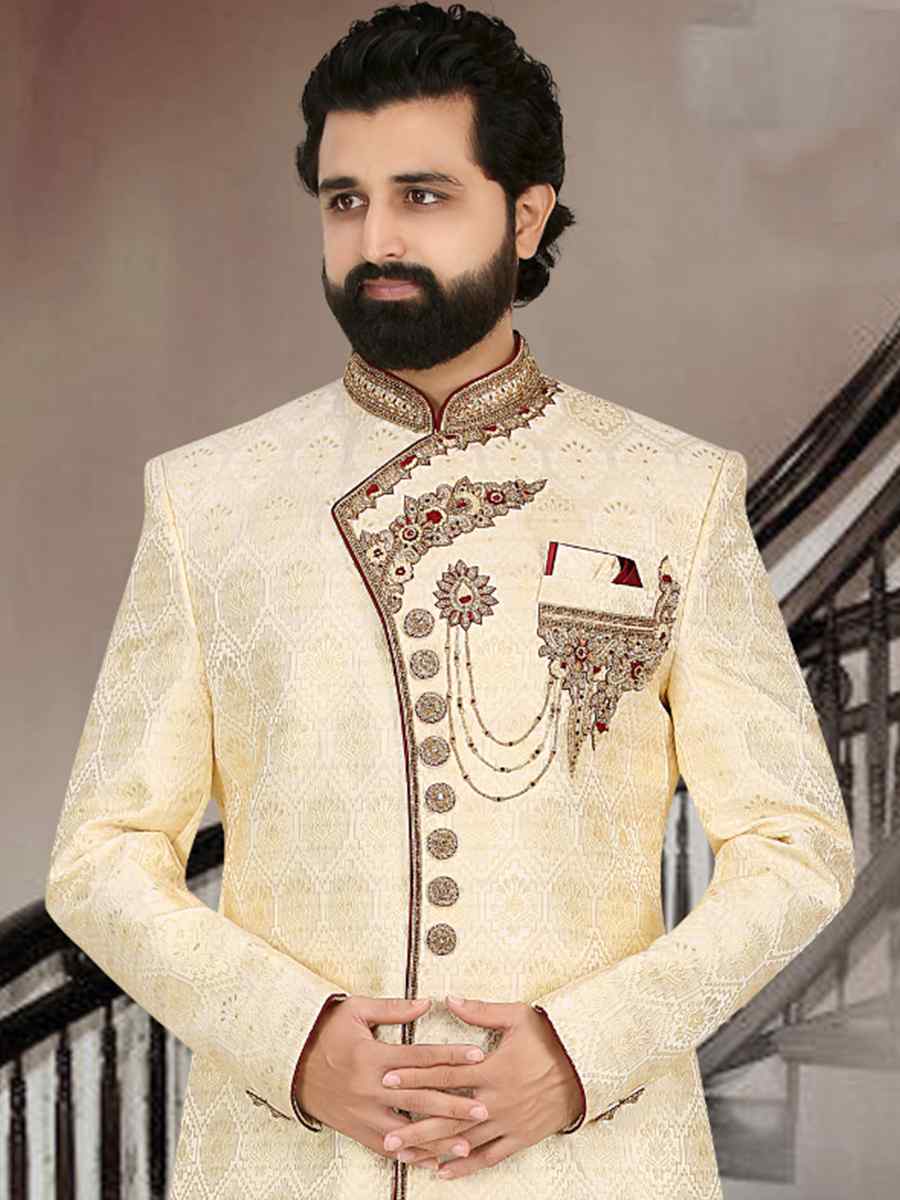 Cream Banarasi Jacquard Woven Groom Wedding Sherwani