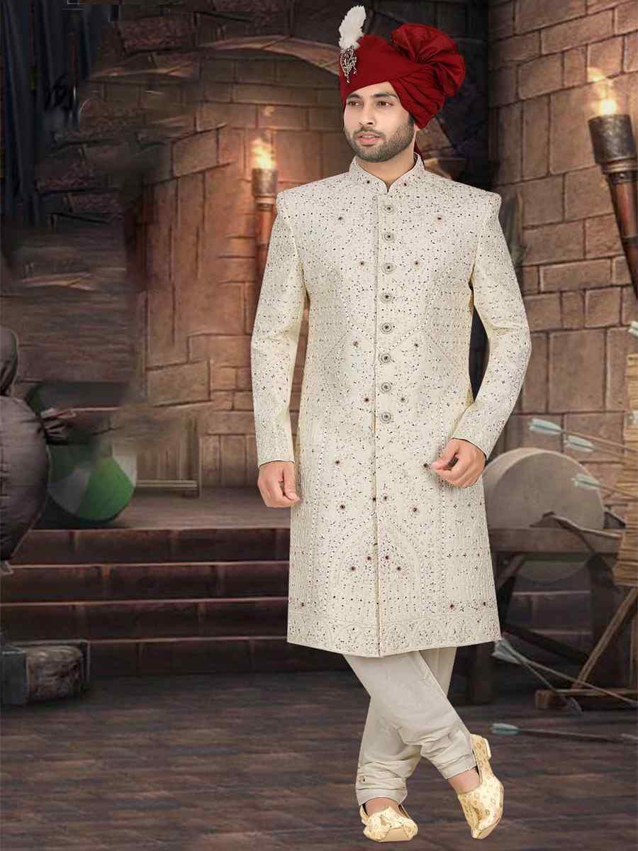 Cream Banarasi Jacquard Woven Groom Wedding Sherwani