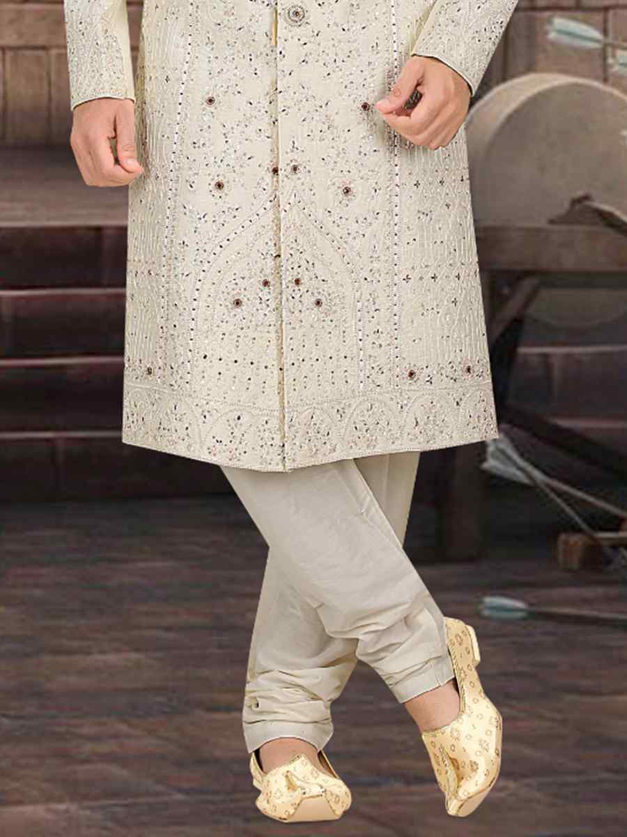 Cream Banarasi Jacquard Woven Groom Wedding Sherwani