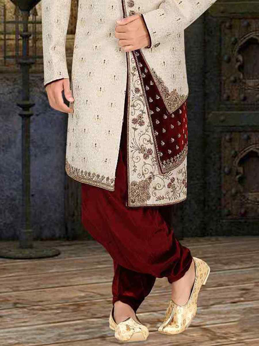 Cream Banarasi Jacquard Woven Groom Wedding Sherwani