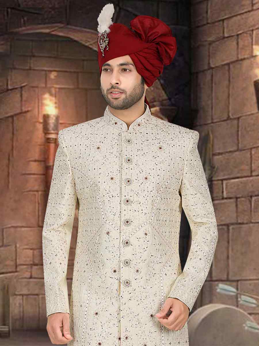 Cream Banarasi Jacquard Woven Groom Wedding Sherwani