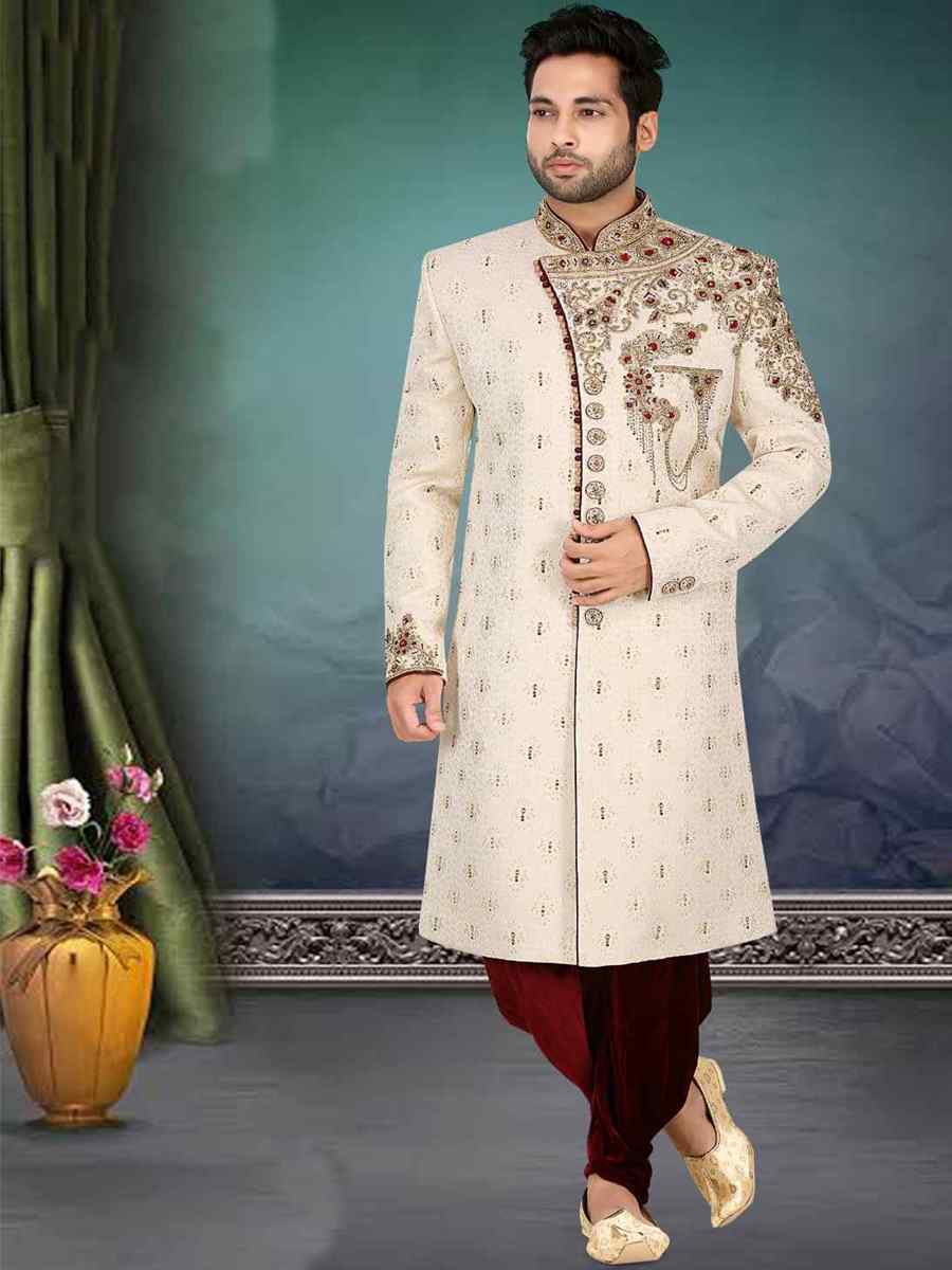Cream Banarasi Jacquard Woven Groom Wedding Sherwani