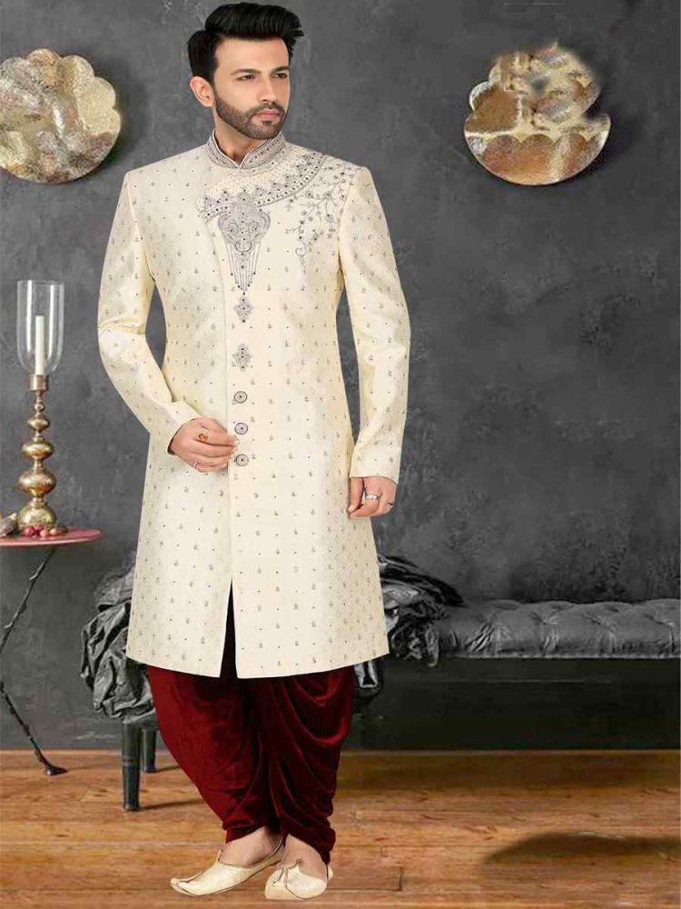 Cream Banarasi Jacquard Woven Groom Wedding Sherwani