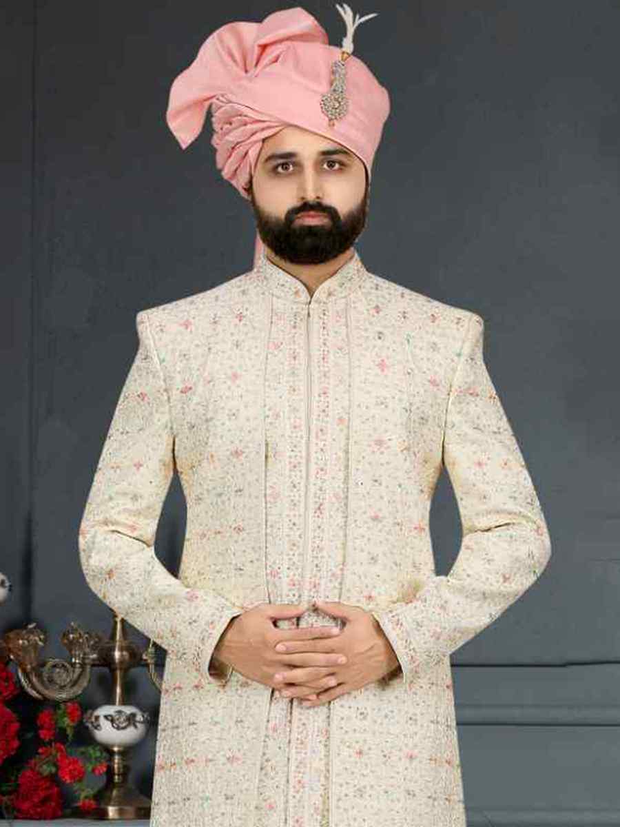 Cream Banarasi Jacquard Woven Groom Wedding Sherwani