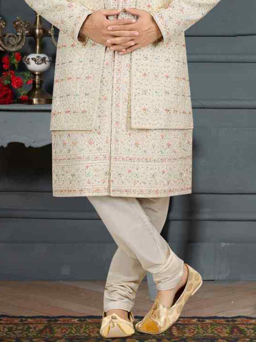 Cream Banarasi Jacquard Woven Groom Wedding Sherwani
