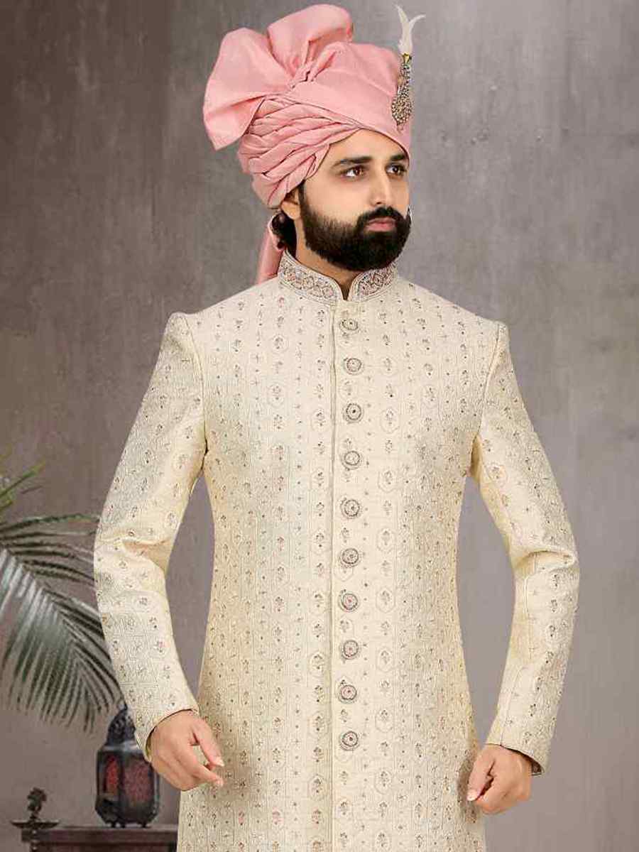 Cream Banarasi Jacquard Woven Groom Wedding Sherwani