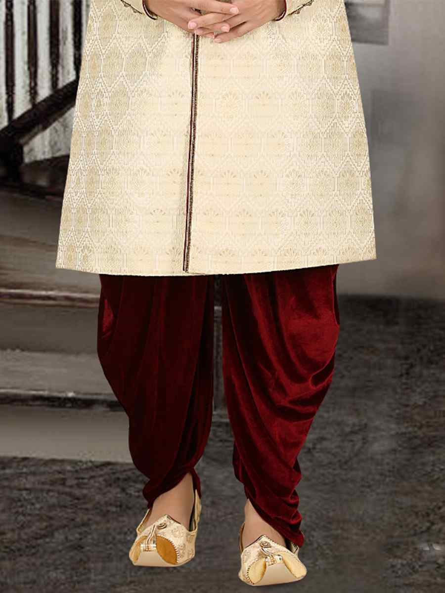 Cream Banarasi Jacquard Woven Groom Wedding Sherwani