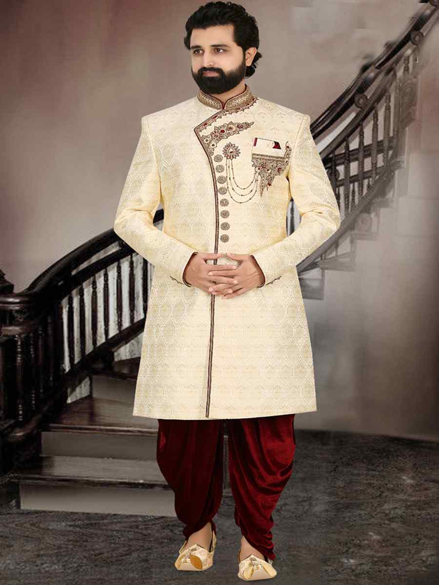 Cream Banarasi Jacquard Woven Groom Wedding Sherwani