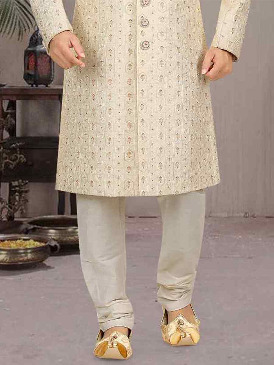 Cream Banarasi Jacquard Woven Groom Wedding Sherwani