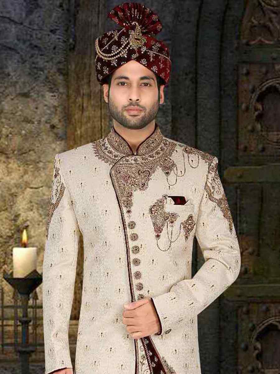Cream Banarasi Jacquard Woven Groom Wedding Sherwani