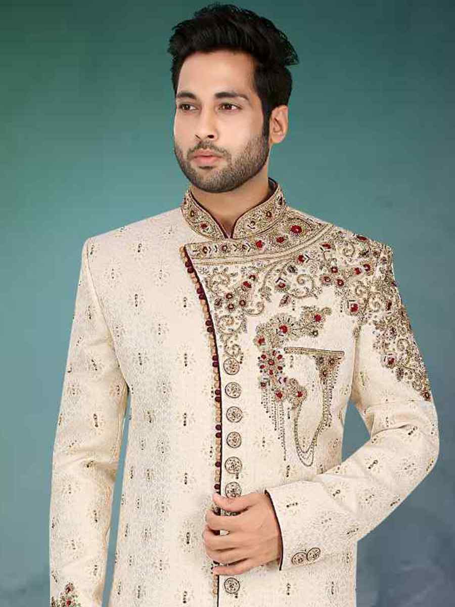 Cream Banarasi Jacquard Woven Groom Wedding Sherwani