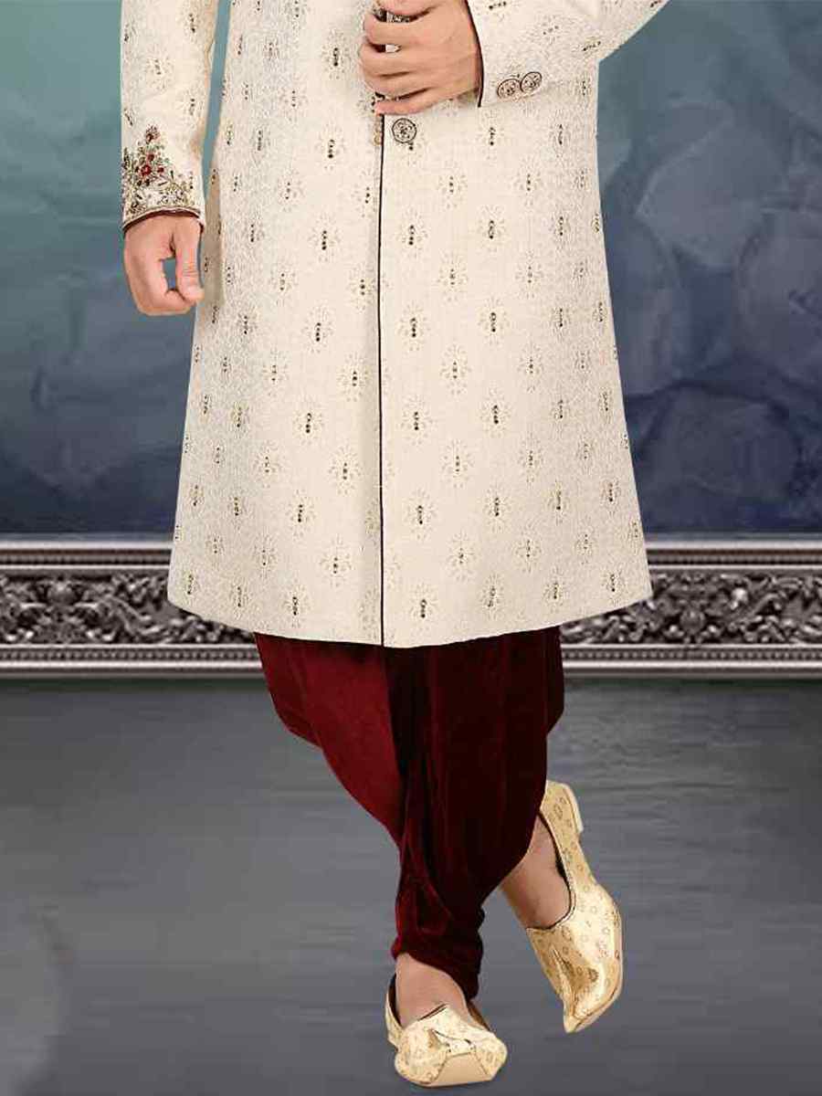 Cream Banarasi Jacquard Woven Groom Wedding Sherwani