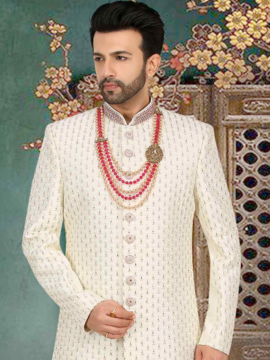 Cream Banarasi Jacquard Woven Groom Wedding Sherwani