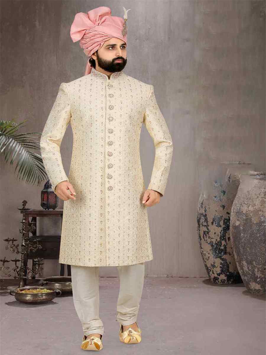 Cream Banarasi Jacquard Woven Groom Wedding Sherwani