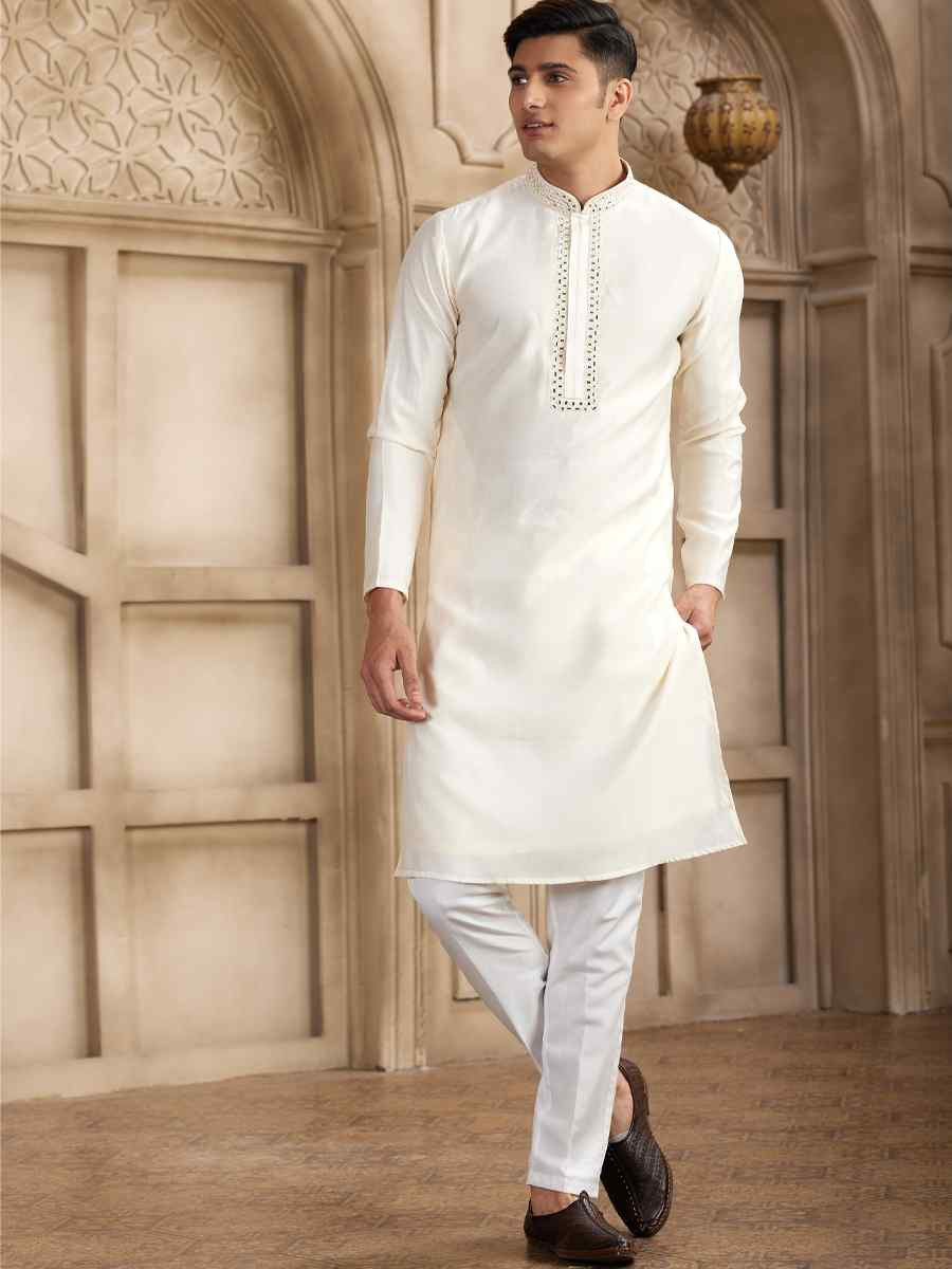 Cream Banarasi Silk Embroidered Festival Party Kurta