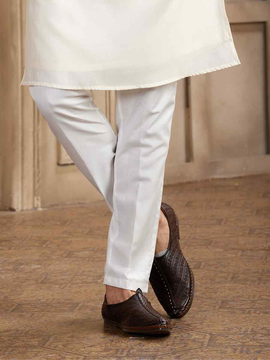 Cream Banarasi Silk Embroidered Festival Party Kurta