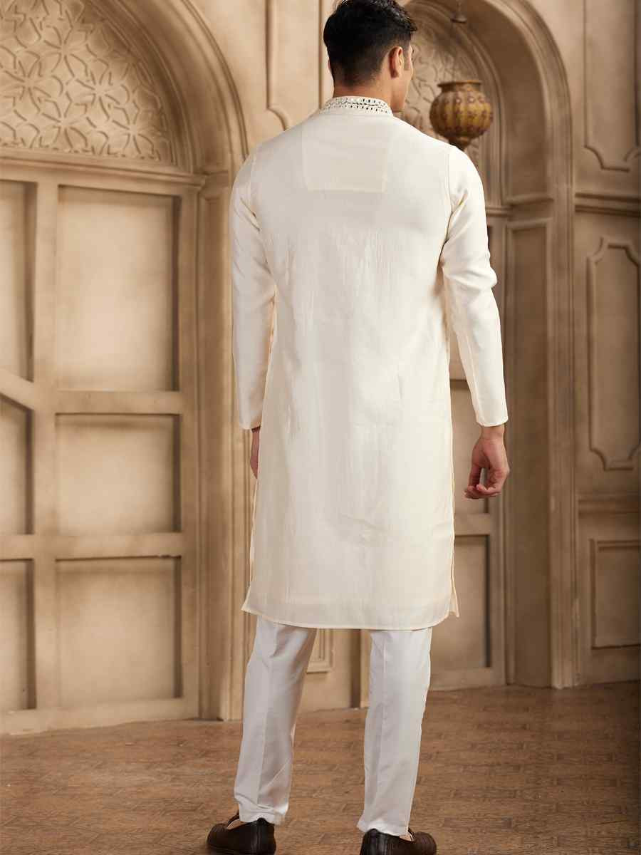 Cream Banarasi Silk Embroidered Festival Party Kurta