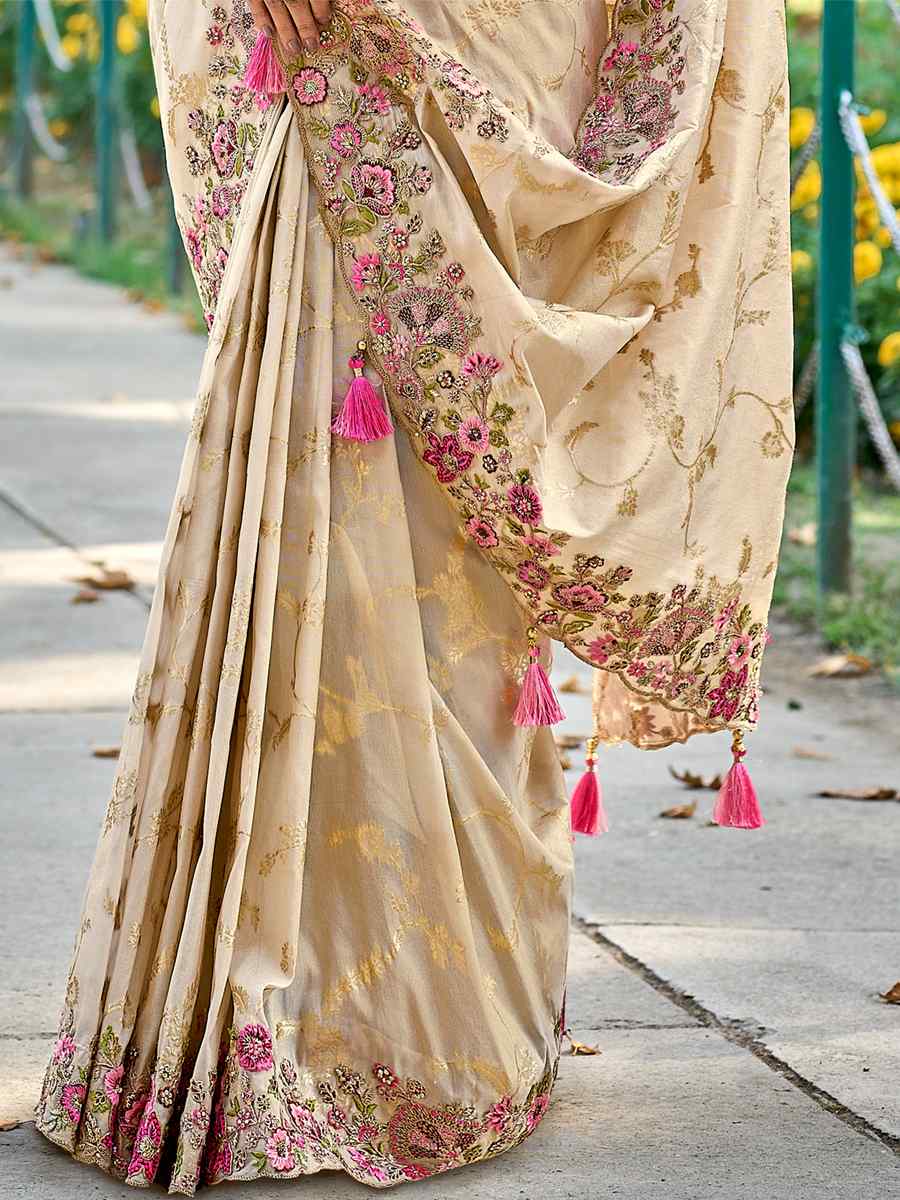 Cream Banarasi Silk Embroidered Wedding Festival Heavy Border Saree