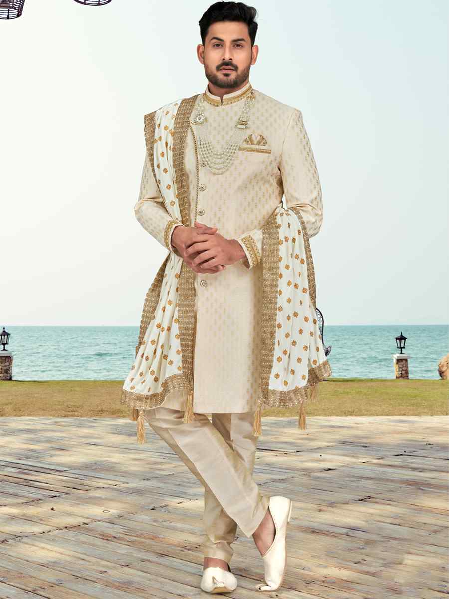 Cream Banarasi Silk Embroidered Wedding Festival Sherwani