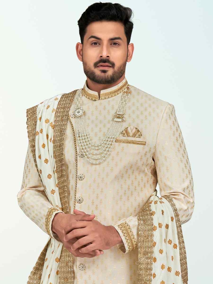 Cream Banarasi Silk Embroidered Wedding Festival Sherwani