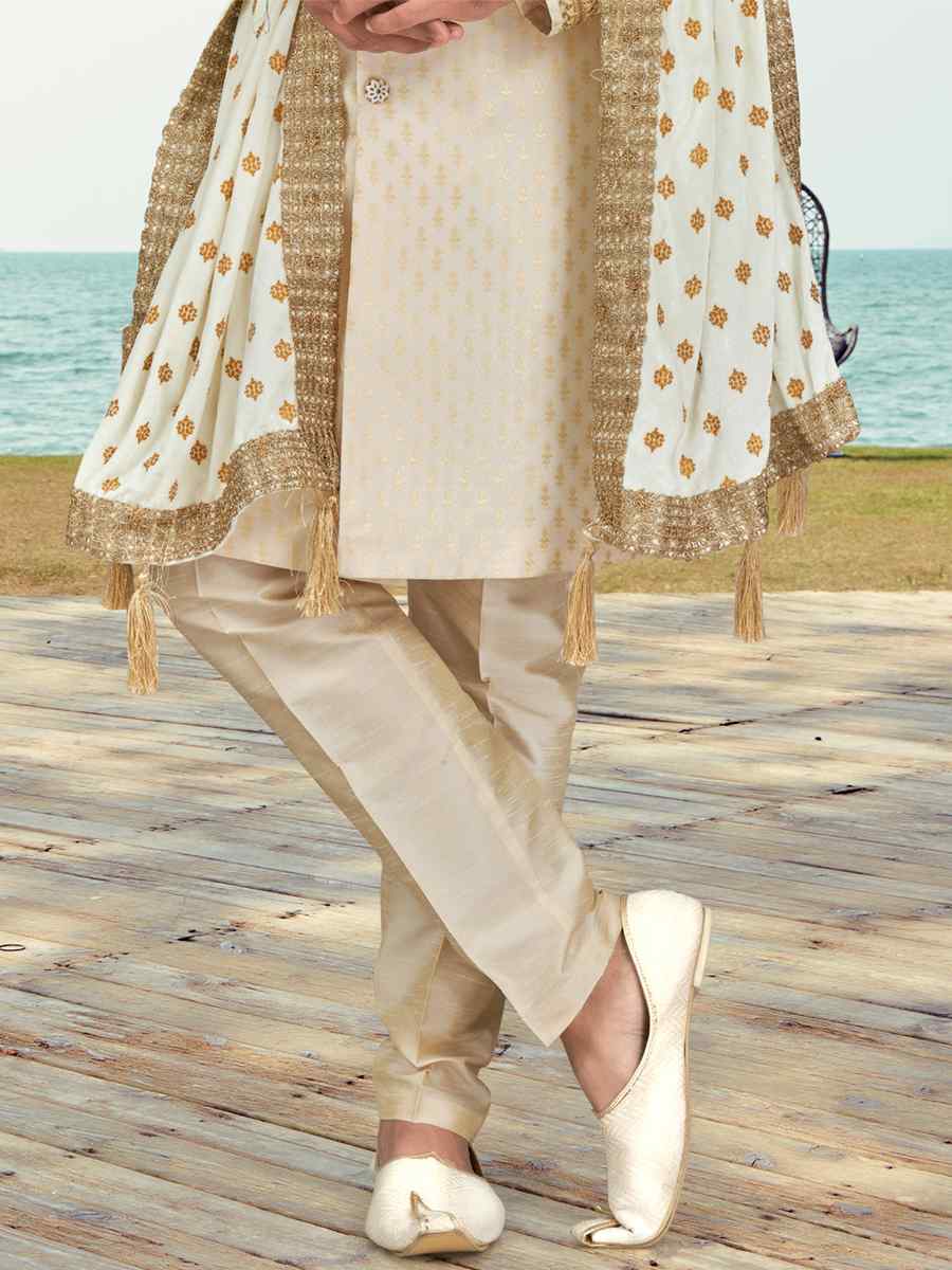 Cream Banarasi Silk Embroidered Wedding Festival Sherwani