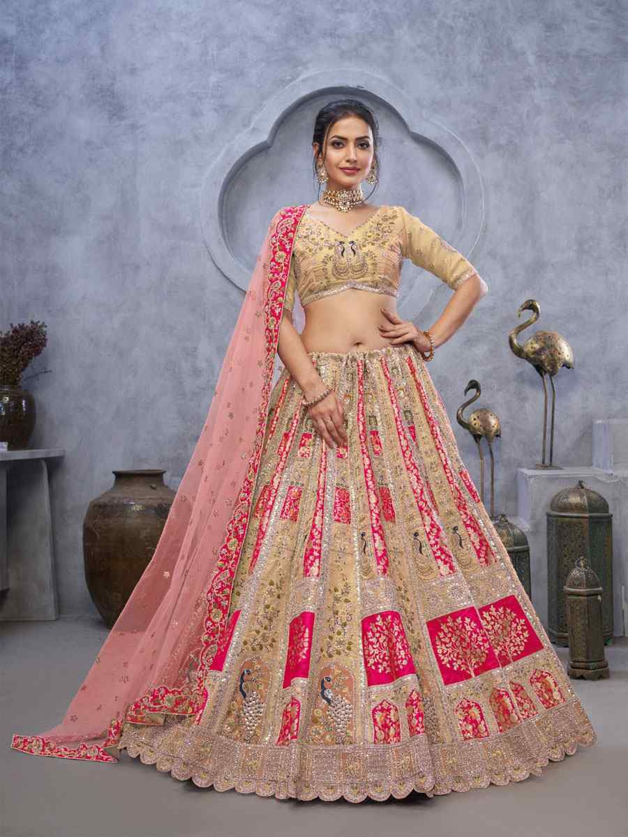 Cream Banarasi Silk Embroidered Wedding Reception Festival Heavy Border Lehenga Choli
