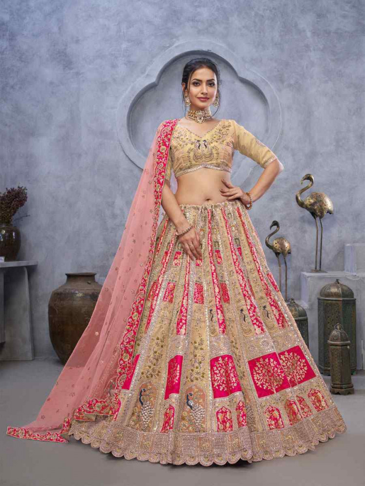 Image of Cream Banarasi Silk Embroidered Wedding Reception Festival Heavy Border Lehenga Choli