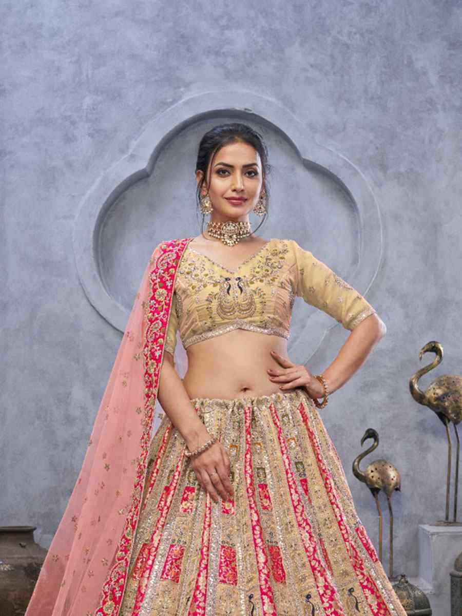 Cream Banarasi Silk Embroidered Wedding Reception Festival Heavy Border Lehenga Choli