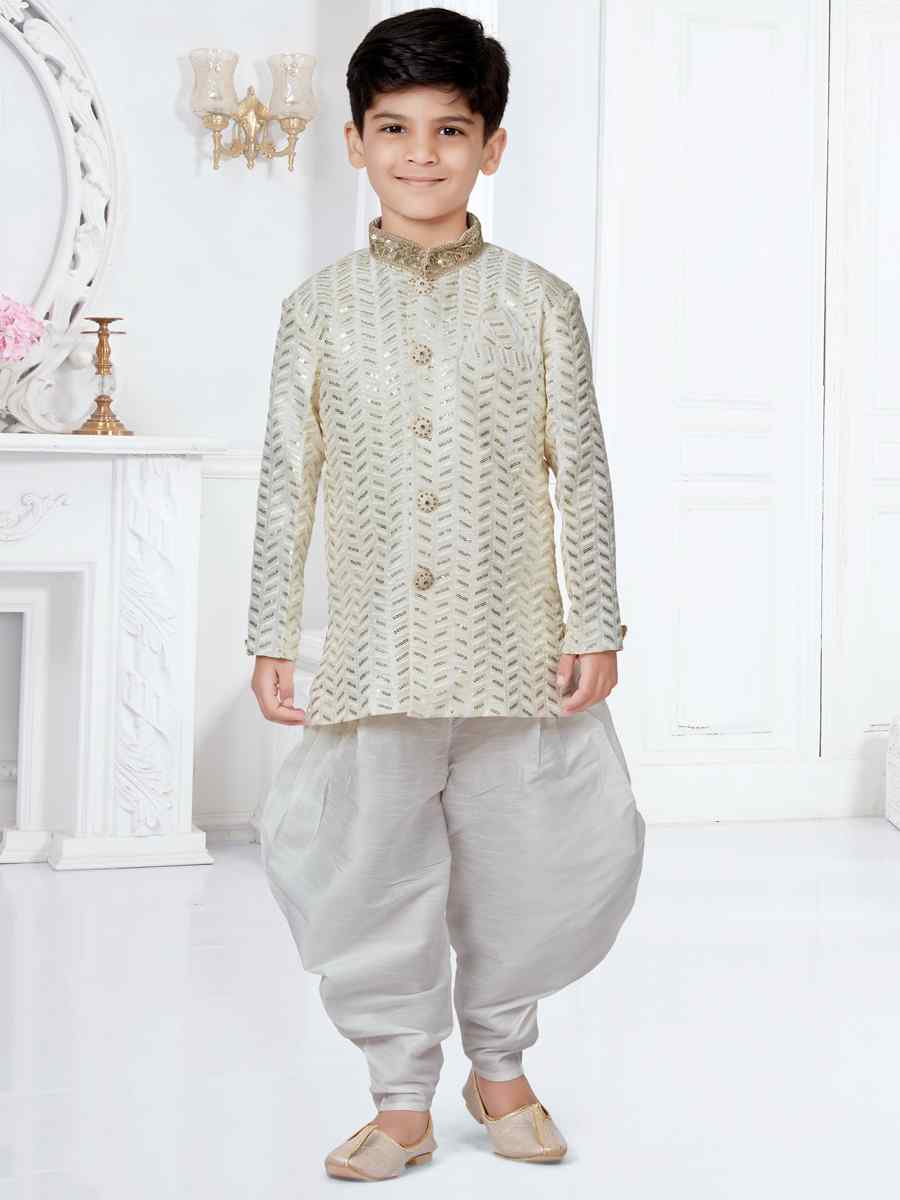 Cream Banarasi Silk Floral Party Festival Kurta Dhoti Boys Wear