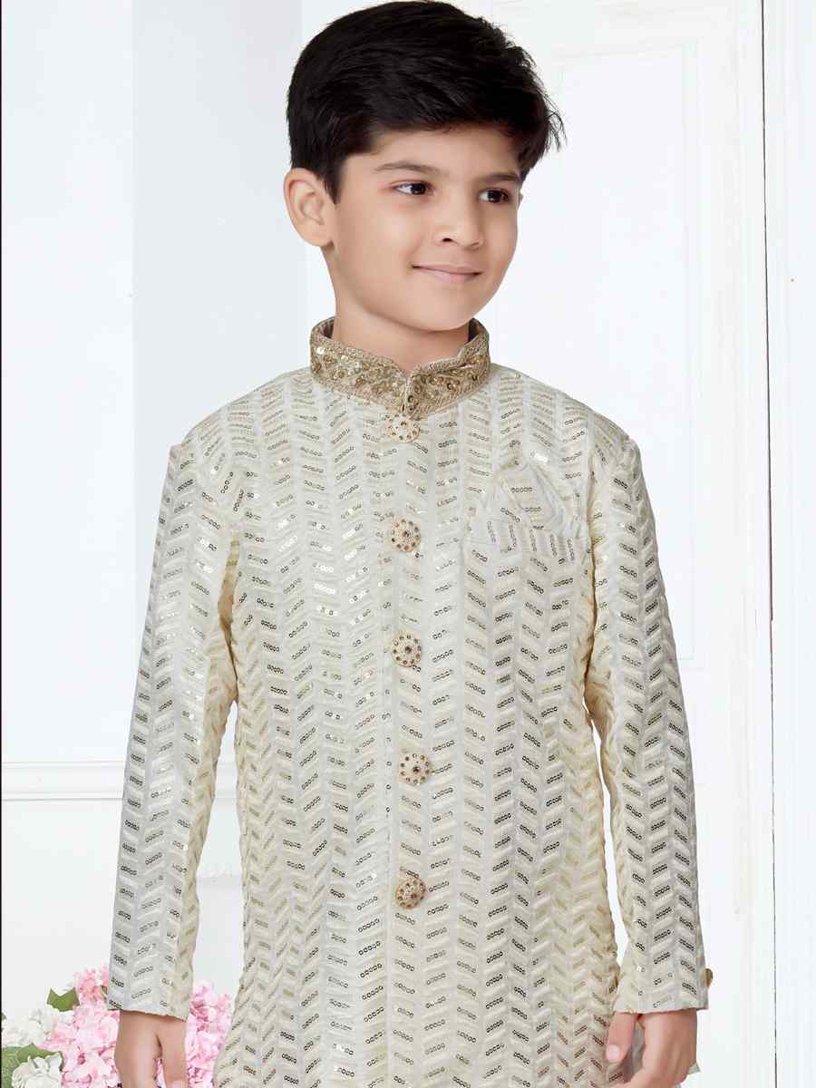 Cream Banarasi Silk Floral Party Festival Kurta Dhoti Boys Wear