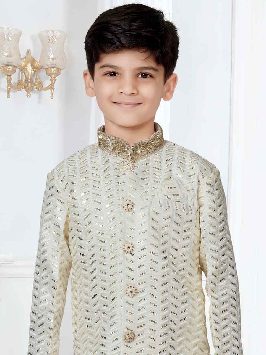 Cream Banarasi Silk Floral Party Festival Kurta Dhoti Boys Wear