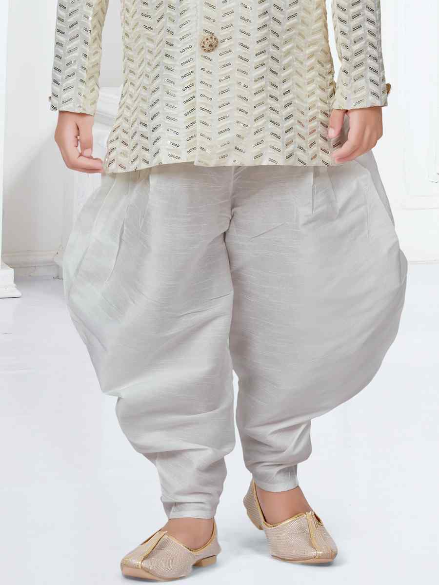 Cream Banarasi Silk Floral Party Festival Kurta Dhoti Boys Wear