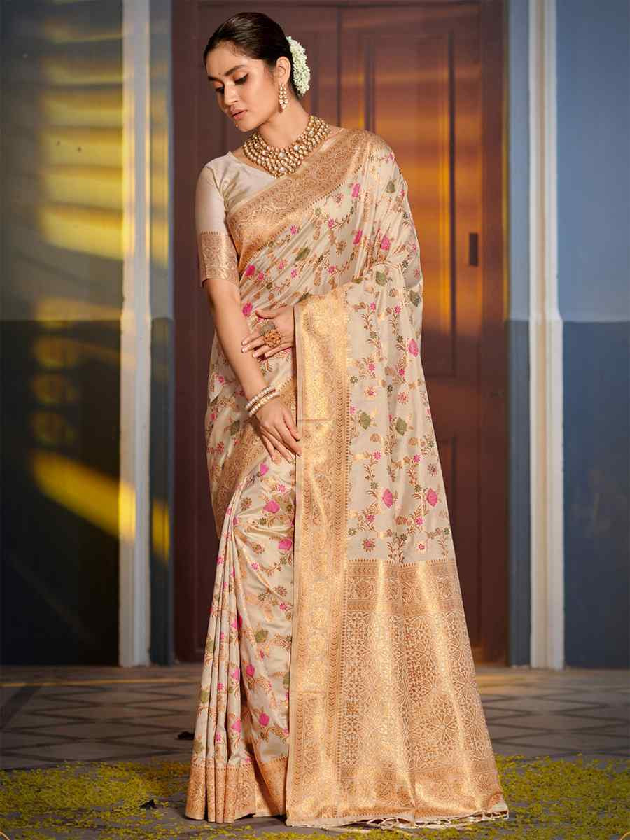 Cream Banarasi Silk HandWeaving Pall Festival Wedding Fancy Heavy Border Saree