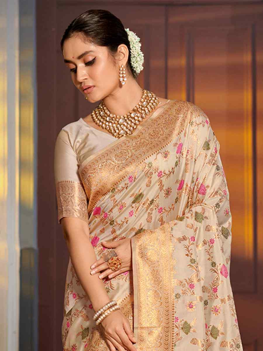 Cream Banarasi Silk HandWeaving Pall Festival Wedding Fancy Heavy Border Saree