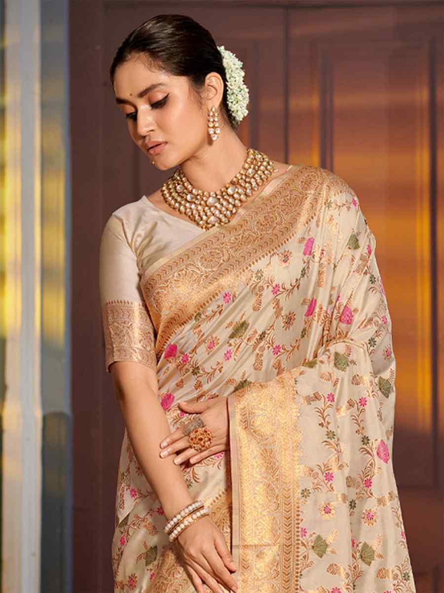 Cream Banarasi Silk HandWeaving Pall Festival Wedding Fancy Heavy Border Saree