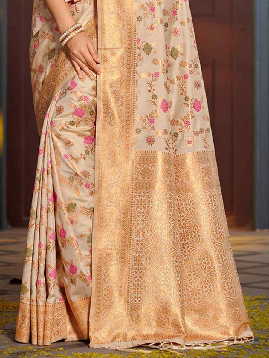 Cream Banarasi Silk HandWeaving Pall Festival Wedding Fancy Heavy Border Saree