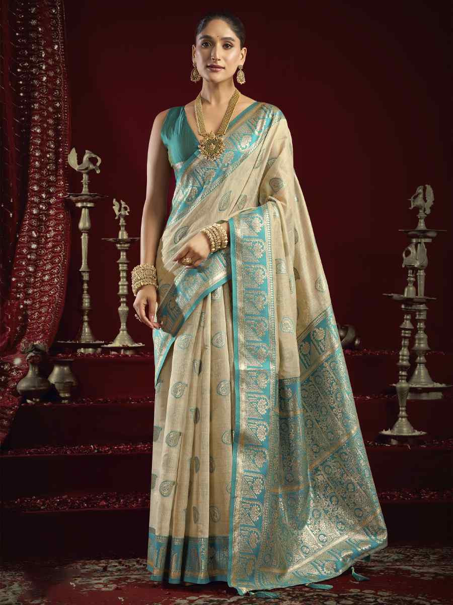 Cream Banarasi Silk Handwoven Casual Reception Festival Wedding Fancy Heavy Border Saree