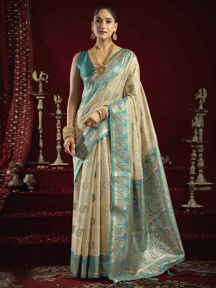 Image of Cream Banarasi Silk Handwoven Casual Reception Festival Wedding Fancy Heavy Border Saree