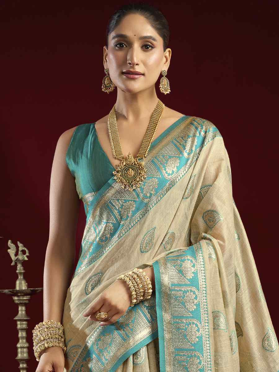 Cream Banarasi Silk Handwoven Casual Reception Festival Wedding Fancy Heavy Border Saree