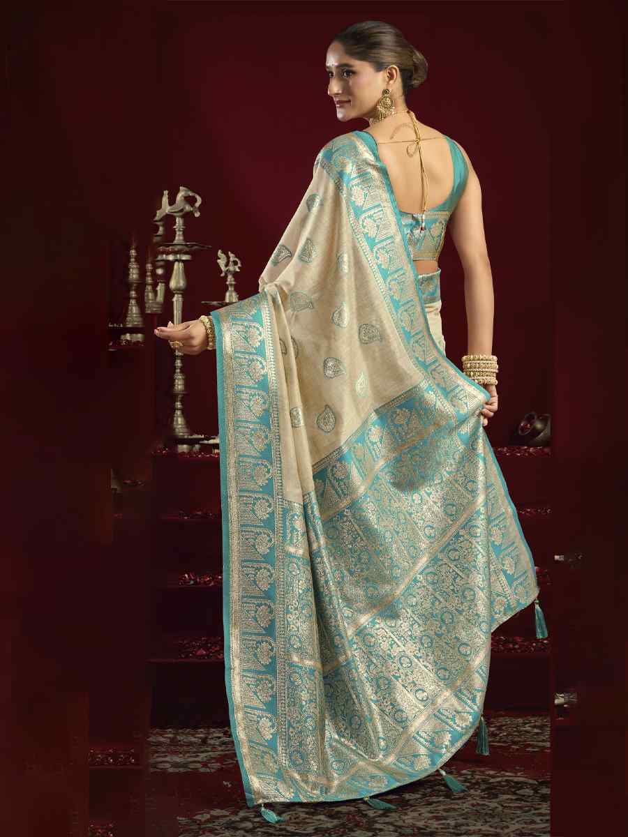 Cream Banarasi Silk Handwoven Casual Reception Festival Wedding Fancy Heavy Border Saree