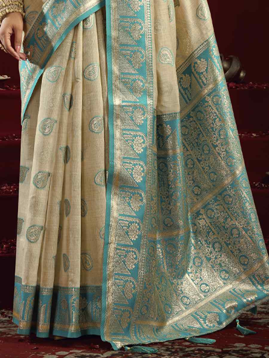 Cream Banarasi Silk Handwoven Casual Reception Festival Wedding Fancy Heavy Border Saree