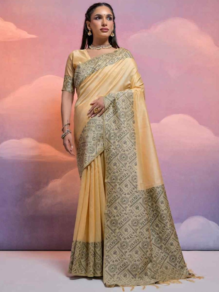 Cream Banarasi Silk Handwoven Wedding Festival Heavy Border Saree