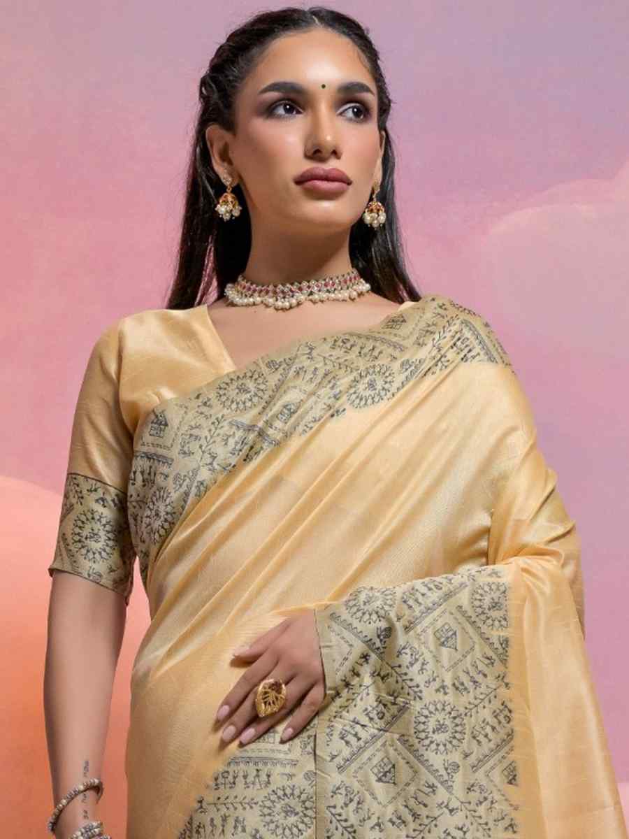 Cream Banarasi Silk Handwoven Wedding Festival Heavy Border Saree