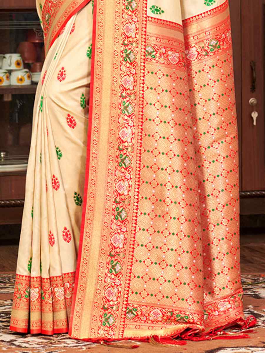 Cream Banarasi Silk Handwoven Wedding Festival Heavy Border Saree