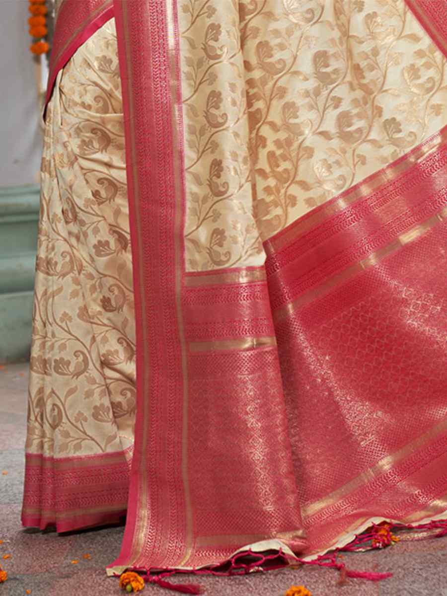 Cream Banarasi Silk Handwoven Wedding Festival Heavy Border Saree