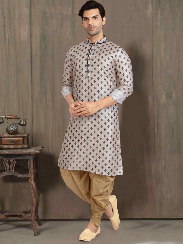 Cream Banarasi Silk Printed Festival Wedding Kurta