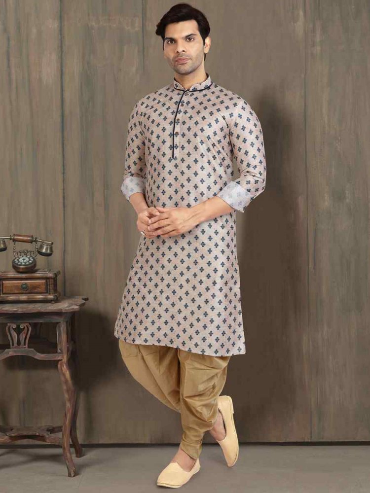 Cream Banarasi Silk Printed Plain Festival Party Kurta