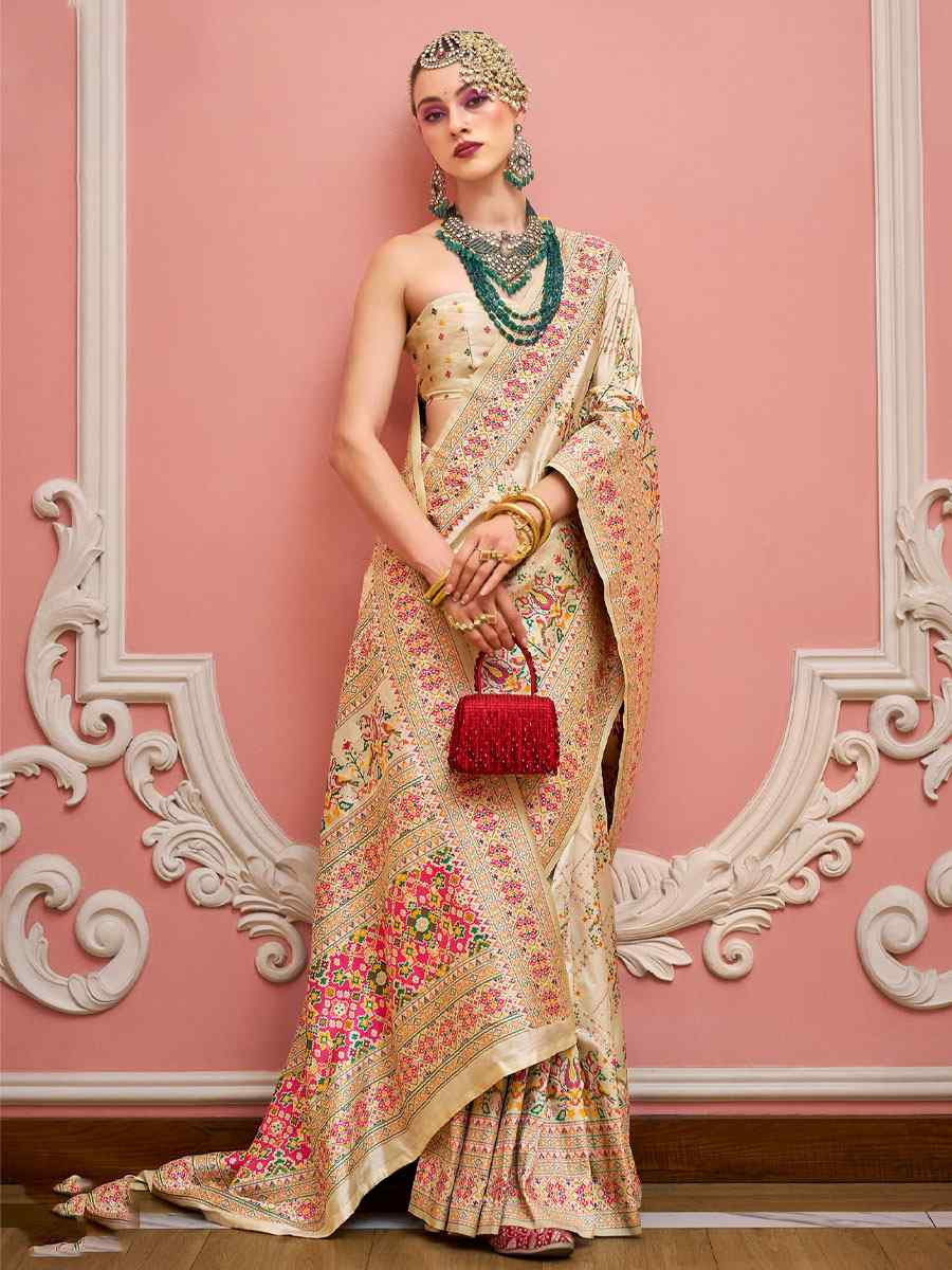Cream Banarasi Silk Zari Handwoven Casual Reception Festival Wedding Fancy Classic Style Sarees